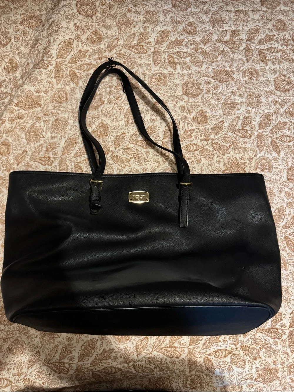 Michael Kors Black Leather Tote with Gold Plaque Accents